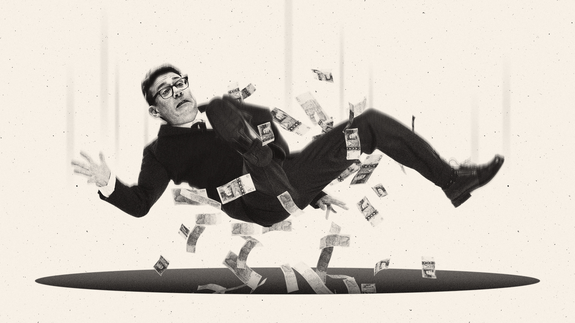 Illustration of Andy Burnham falling into a pit with a shower of bank notes