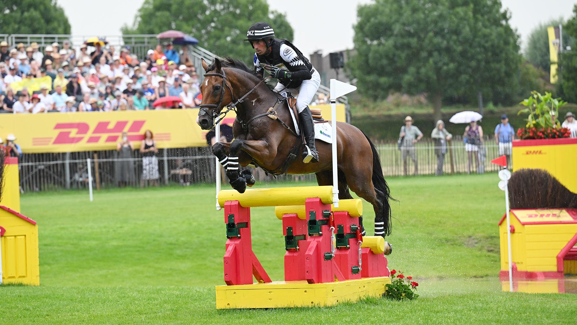 Tim Price on Falco, a rider in black and white colours riding a bay horse, jumps a narrow fence made of yellow poles on red supports