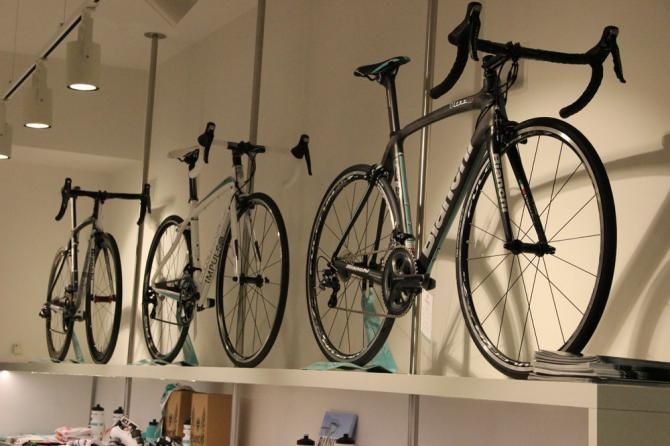 The full Bianchi road range lines the brand's new cafe and store