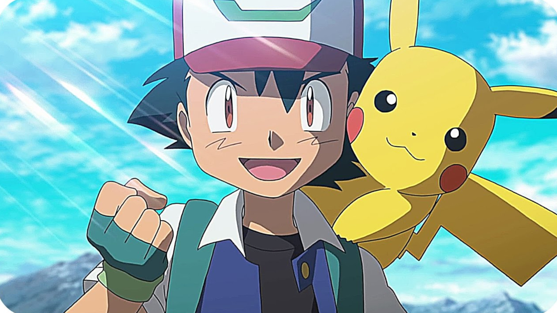Ash holding his fist up with Pikachu on his shoulders during Pokemon the Movie: I Choose You.