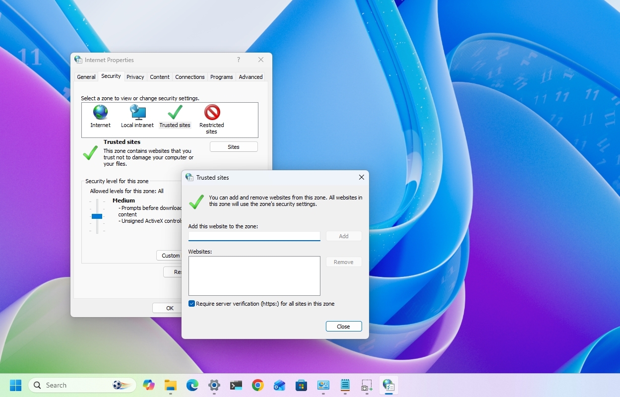 Internet Options in the Security tab with the Trusted sites settings opened.