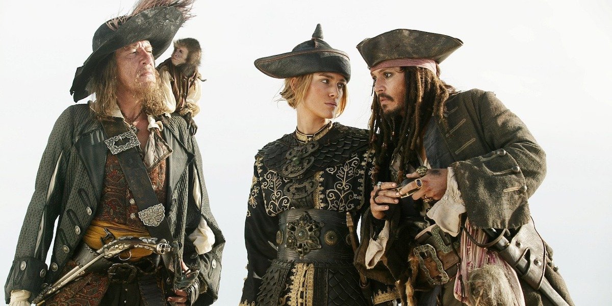 Captain Barbosa, Elizabeth Swann and Jack Sparrow in Pirates of the Caribbean: At World&#039;s End