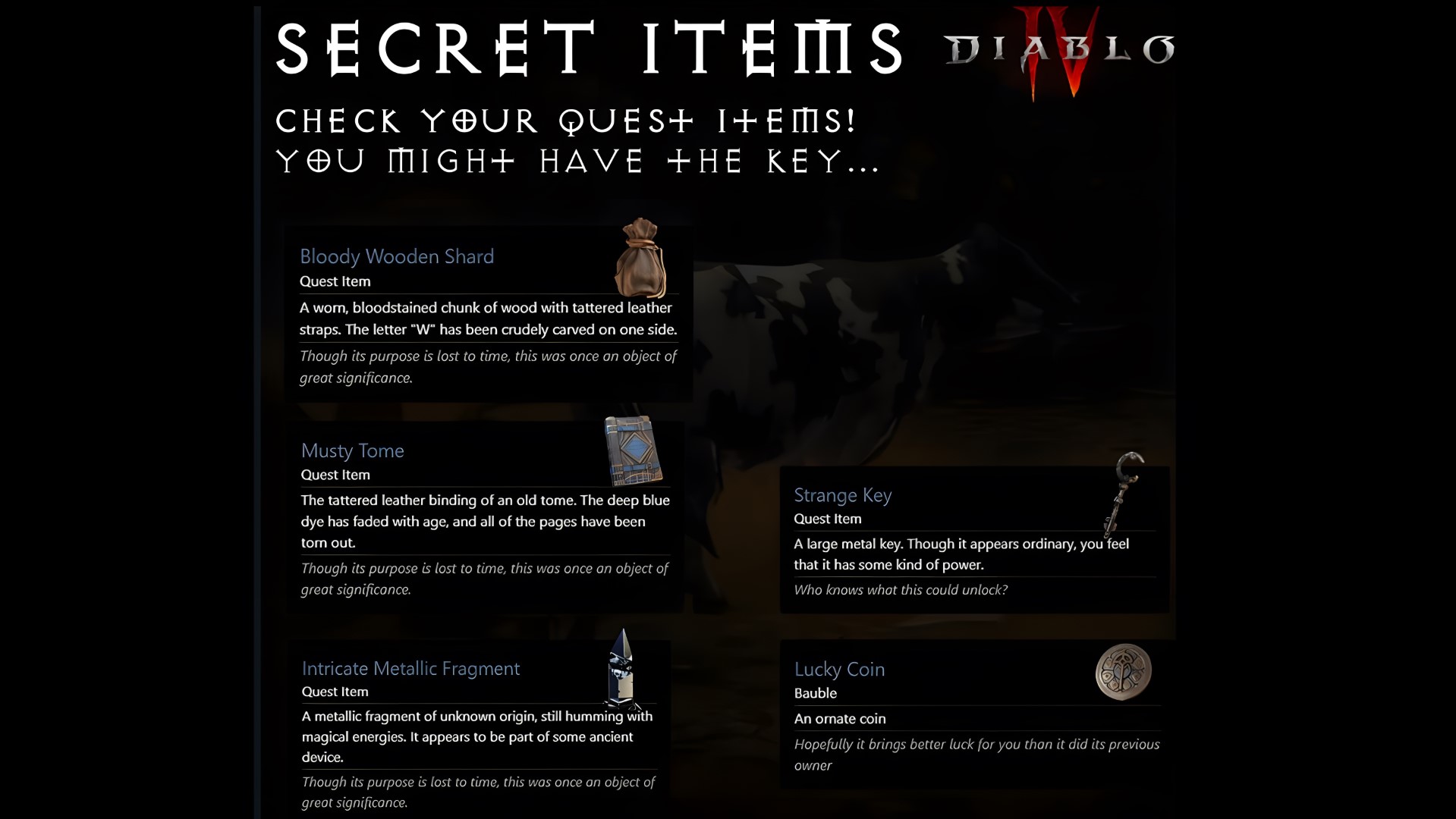 Im Text oben beschriebene Gegenstände, die durch Data Mining in Diablo 4 gefunden wurden