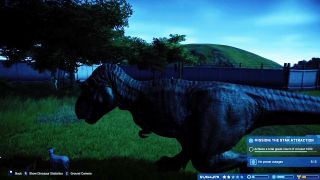 T-Rex about to eat a goat in Jurassic World Evolution