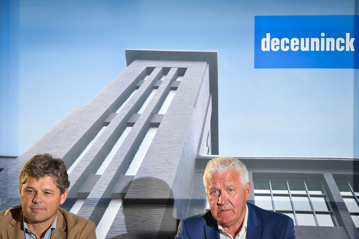 Deceuninck Ceo Francis Van Eeckhout, and Quick-Step Floors CEO Patrick Lefevere attend a press conference of Quick-Step Floors cycling team regarding their new sponsor Deceuninck Plastics