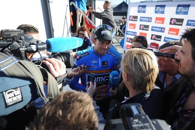 New race leader Thor Hushovd (BMC) speaks to the press