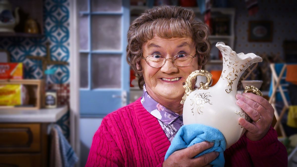 Mrs. Brown&#039;s Boys: Agnes Brown gleefully holding a vase. 