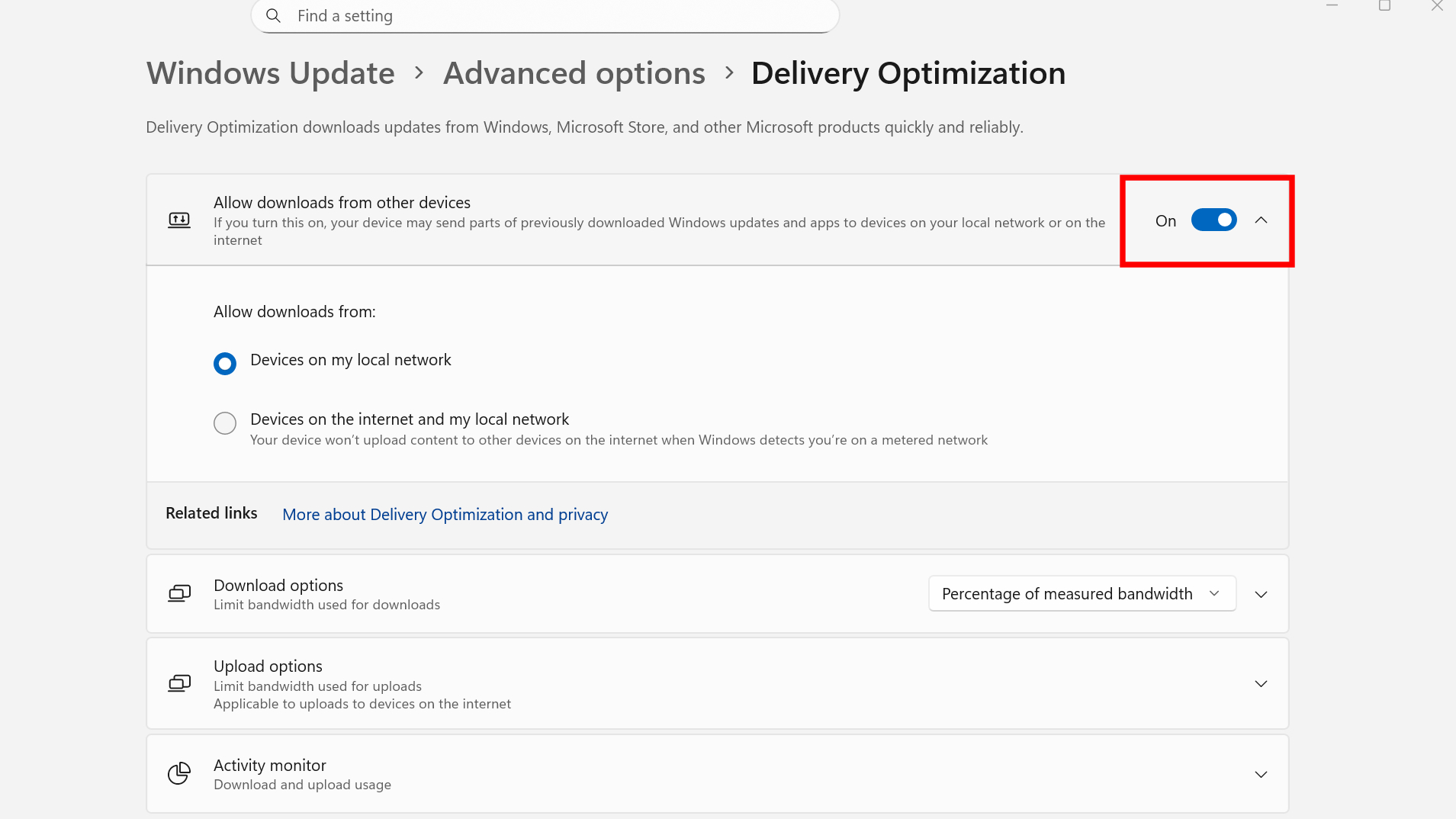 Screenshots of Settings for how to turn off Delivery Optimization in Windows 11
