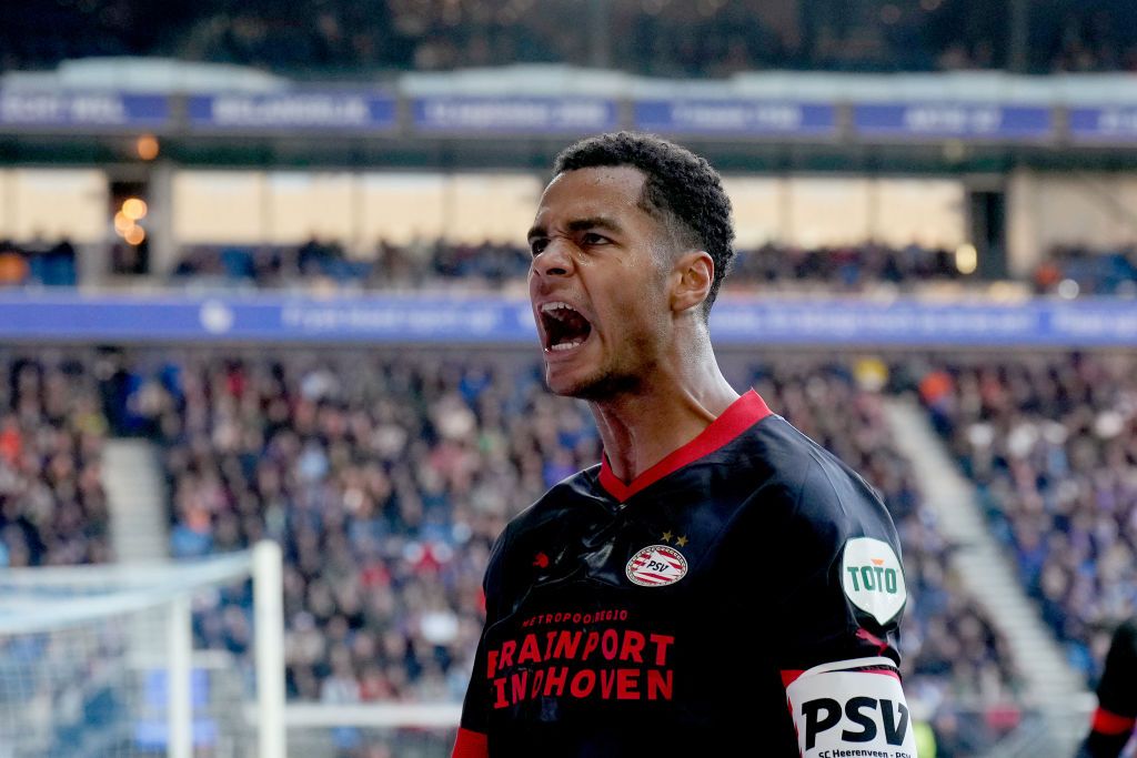 Arsenal target Cody Gakpo of PSV celebrates 0-1 during the Dutch Eredivisie match between SC Heerenveen v PSV at the Abe Lenstra Stadium on October 9, 2022 in Heerenveen Netherlands