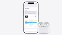 An iPhone and AirPods on a white background, with a custom EQ menu on the iPhone screen