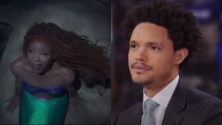 Halle Bailey as The Little Mermaid and Trevor Noah on The Daily Show