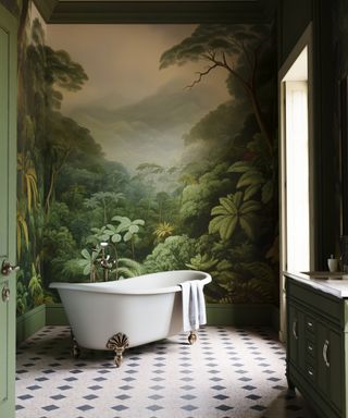 green forest mural in bathroom with freestanding white bath