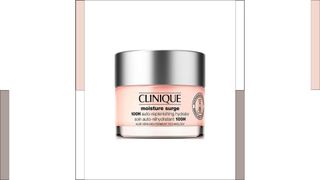 Clinique Moisture Surge with a two-colored border pink and greige around it