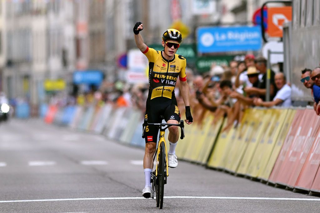 SALINSLESBAINS JUNE 08 Jonas Vingegaard of Denmark and Team JumboVisma celebrates at finish line as stage winner during the 75th Criterium du Dauphine 2023 Stage 5 a 1911km stage from CormoranchesurSane to SalinslesBains UCIWT on June 08 2023 in SalinslesBains France Photo by Dario BelingheriGetty Images