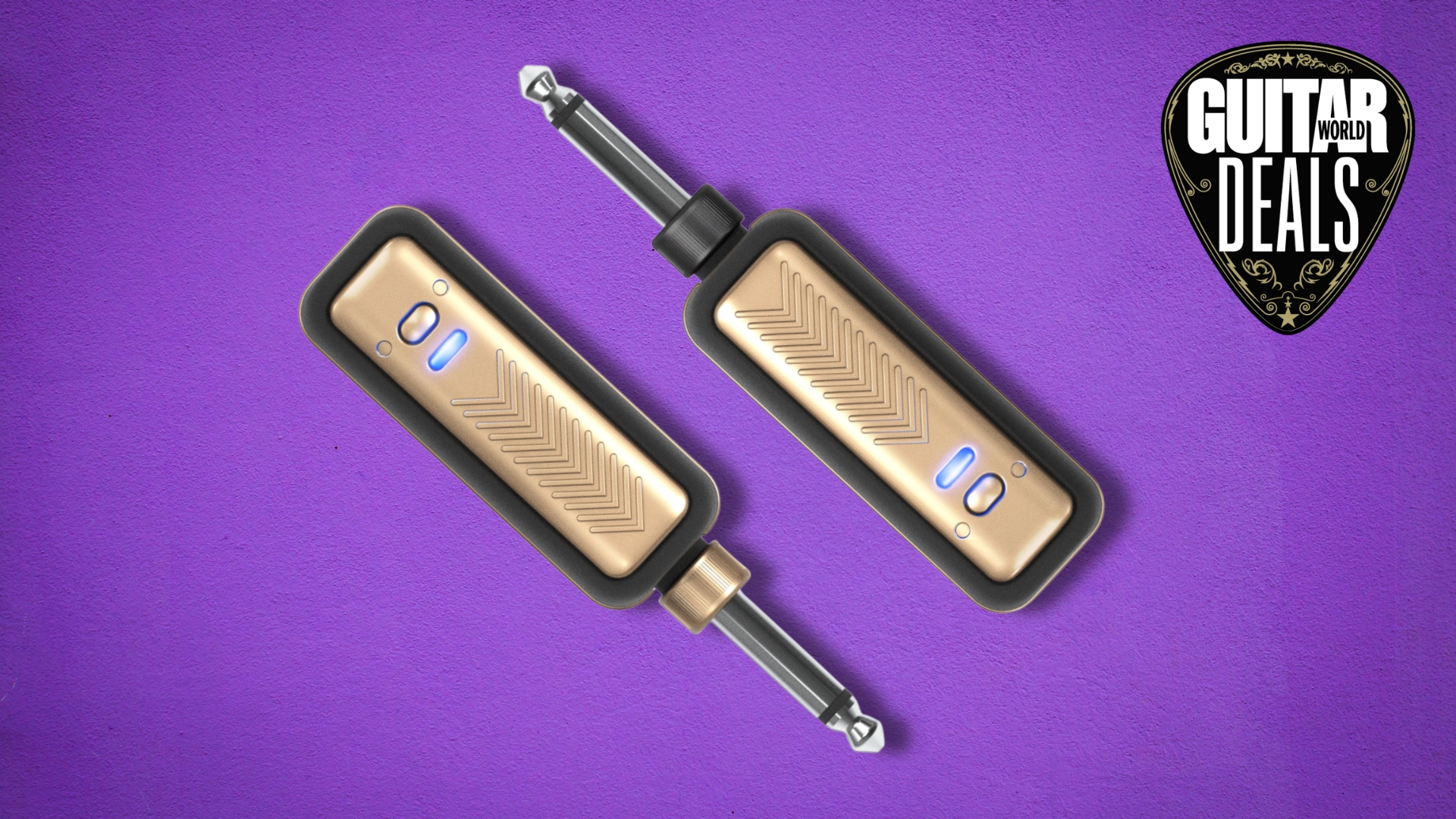 A Positive Grid Spark Link transmitter and receiver on a purple background