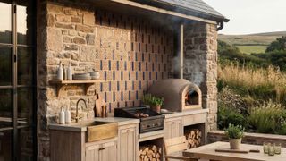 A stone farmhouse outdoor kitchen with patterned terracotta and navy tiles, a lit pizza oven, brass sink, wooden cabinets, and rolling hills beyond.
