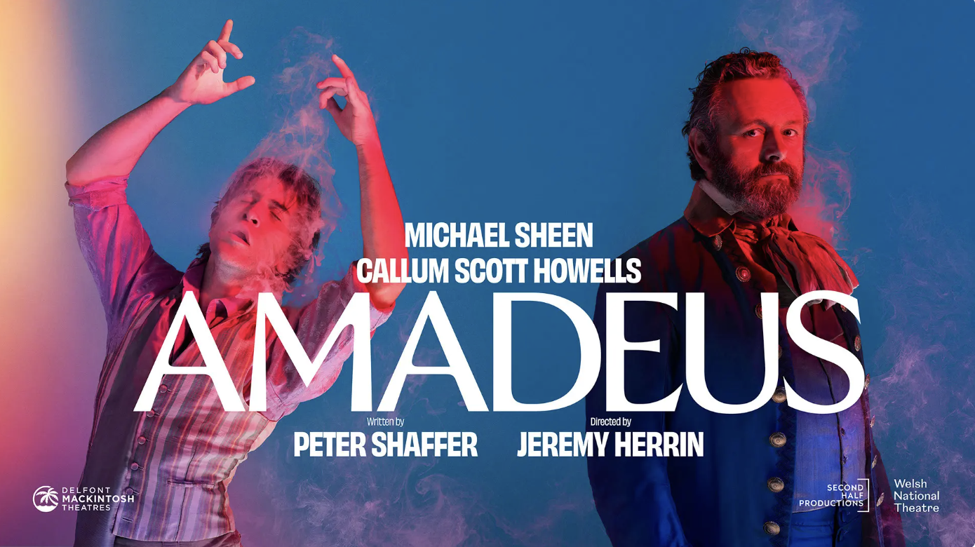an image of the poster for the show showing Callum Scott Howell as Mozart and Michael Sheen as Salieri