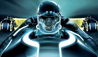 Tron Legacy Sam racing ahead of the competition on a light cycle