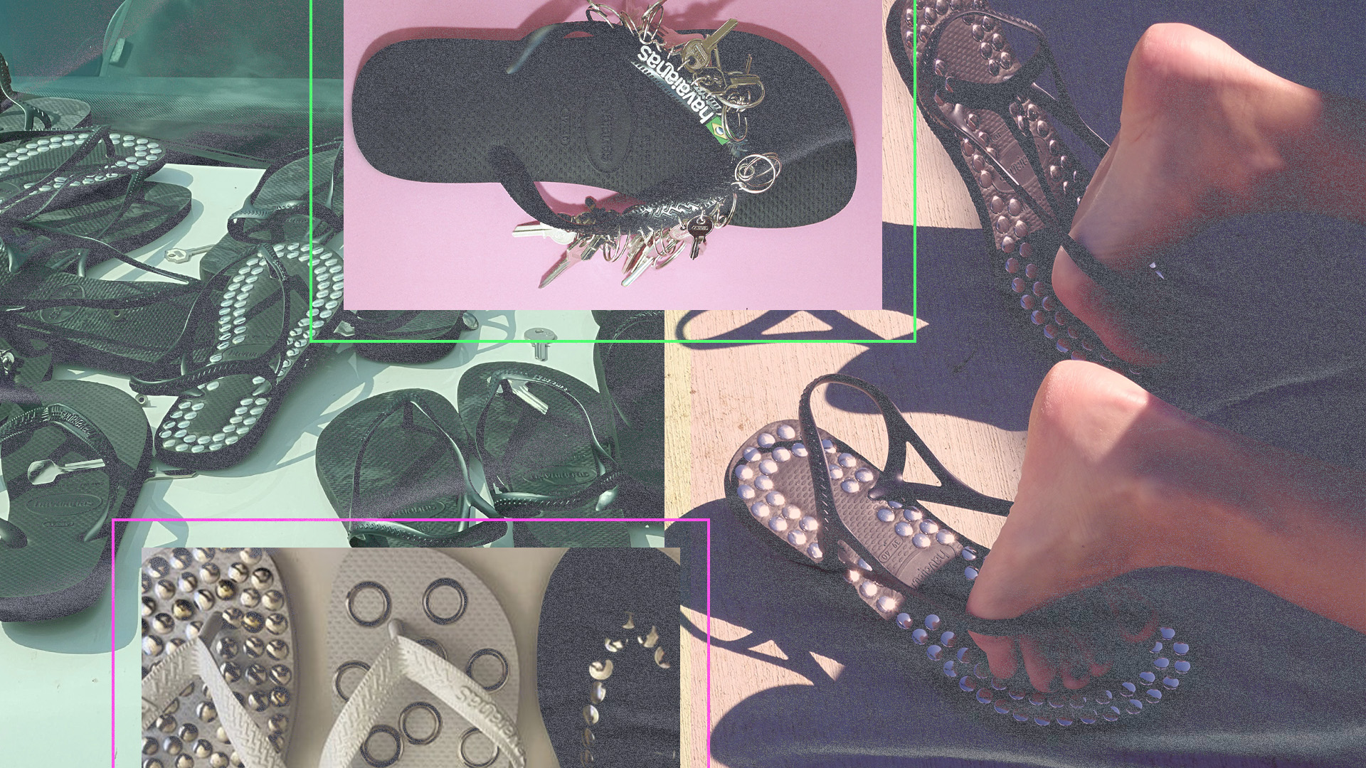 Collage of Havaianas x Gimaguas flip-flops.