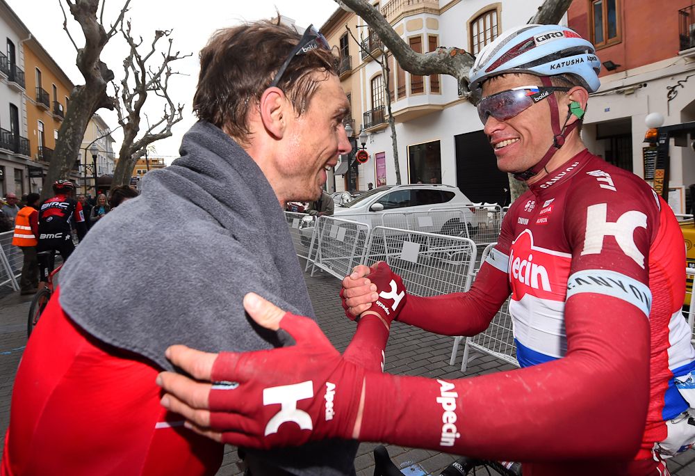 Tony Martin gets congratulations from Pavel Kochetkov after winning stage 2 in Valencia