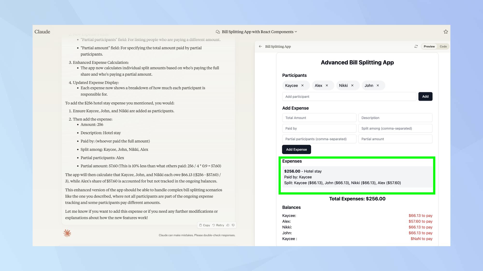 Claude bill-splitting app complex calculations