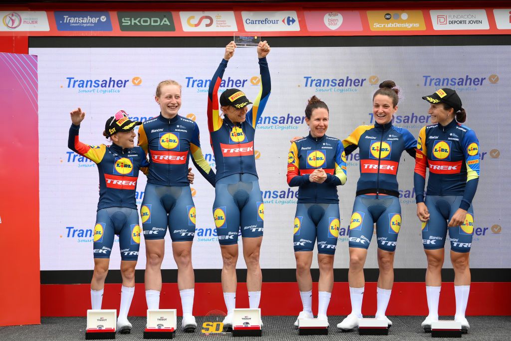 VALENCIA SPAIN APRIL 28 A general view of Elynor Backstedt of The United Kingdom Brodie Chapman of Australia Elizabeth Deignan of The United Kingdom Elisa Longo Borghini of Italy Gaia Realini of Italy Amanda Spratt of Australia Ellen Van Dijk of The Netherlands and Team Lidl Trek celebrate at podium as stage winners during the 10th La Vuelta Femenina 2024 Stage 1 a 16km team time trial from Valencia to Valencia UCIWWT on April 28 2024 in Valencia Spain Photo by Alex BroadwayGetty Images