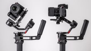 DJI RS 4 gimbal in vertical and horizontal setups on a off-white background