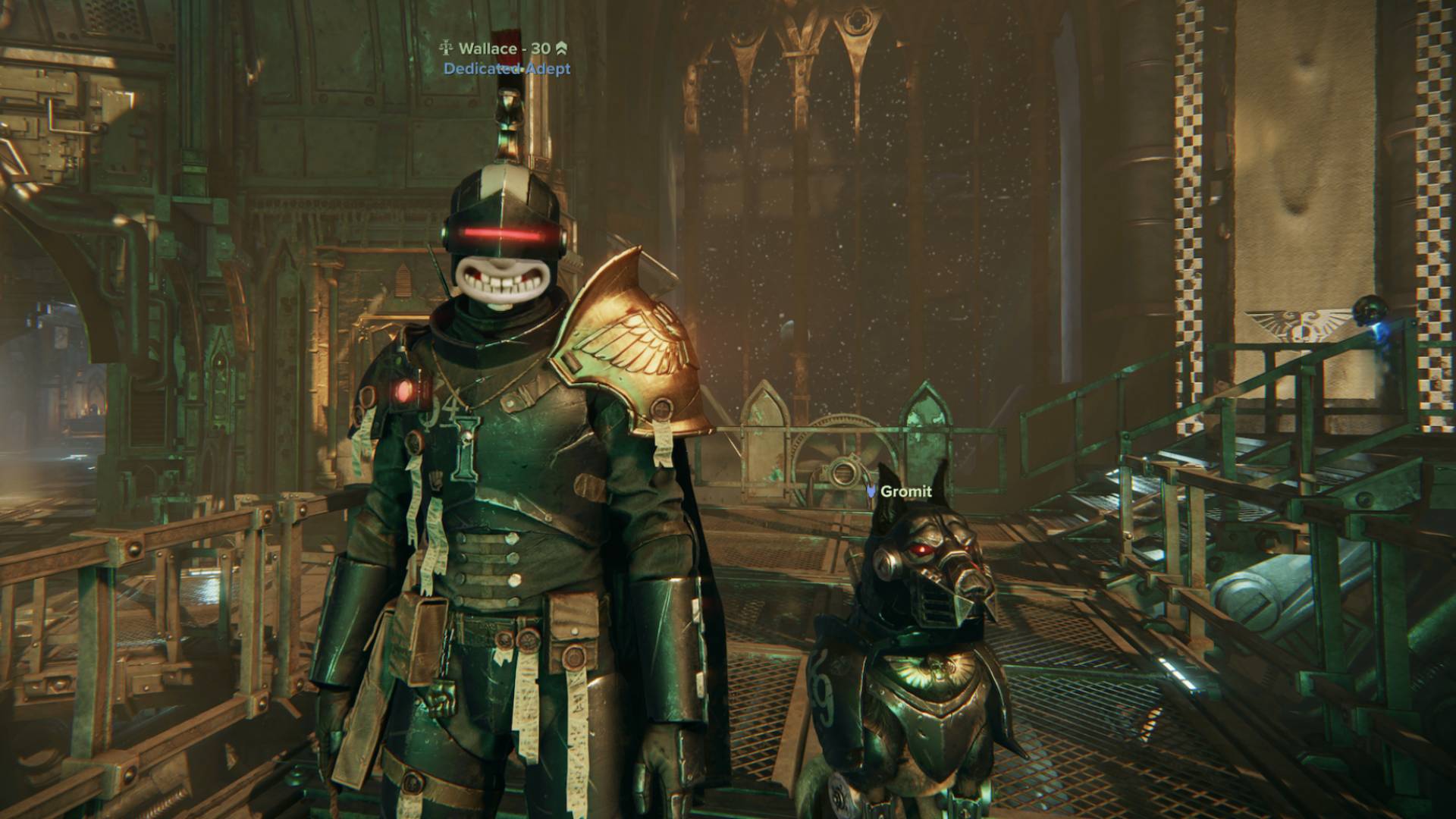 Warhammer 40,000: Darktide arbitrator with Wallace&#039;s (from Wallace and Gromit) mouth