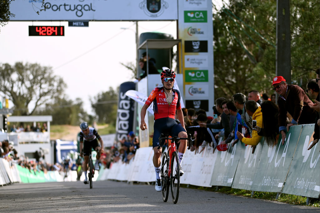 ALTO DO MALHO LOULE PORTUGAL FEBRUARY 18 Thomas Pidcock of United Kingdom and Team INEOS Grenadiers celebrates at finish line as stage winner ahead of Joao Almeida of Portugal and UAE Team Emirates during the 49th Volta ao Algarve em Bicicleta 2023 Stage 4 a 1779km stage from Albufeira to Alto do Malho Loule 514m VAlgarve2023 on February 18 2023 in Alto do Malho Portugal Photo by Tim de WaeleGetty Images