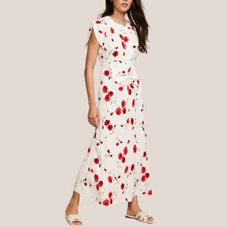 Cream Floral Ruched Midi Dress