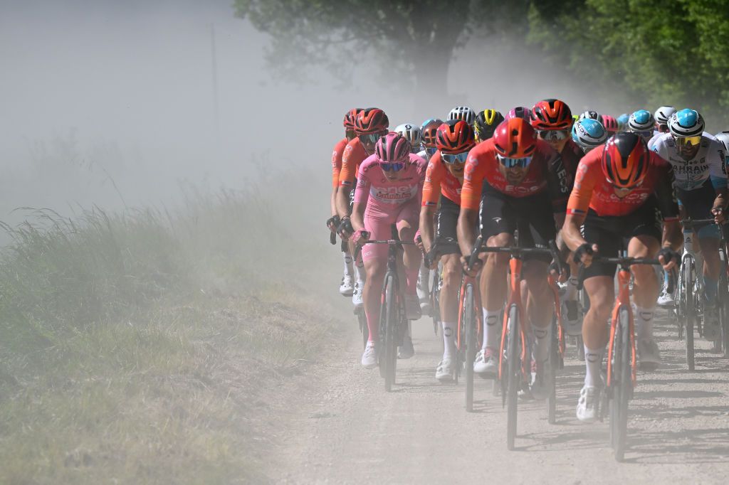 RAPOLANO TERME ITALY MAY 09 Tadej Pogacar of Slovenia and UAE Team Emirates Pink Leader Jersey compete during the 107th Giro dItalia 2024 Stage 6 a 180km stage from Viareggio to Rapolano terme 322m UCIWT on May 09 2024 in Rapolano terme Italy Photo by Tim de WaeleGetty Images