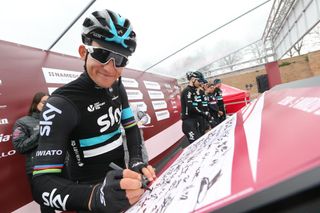 Michael Kwiatkowski signs on before the start of 2016 Strade Bianche