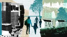 Illustration depicting a split between the city and the suburbs, with a mother and child holding hands walking in between them