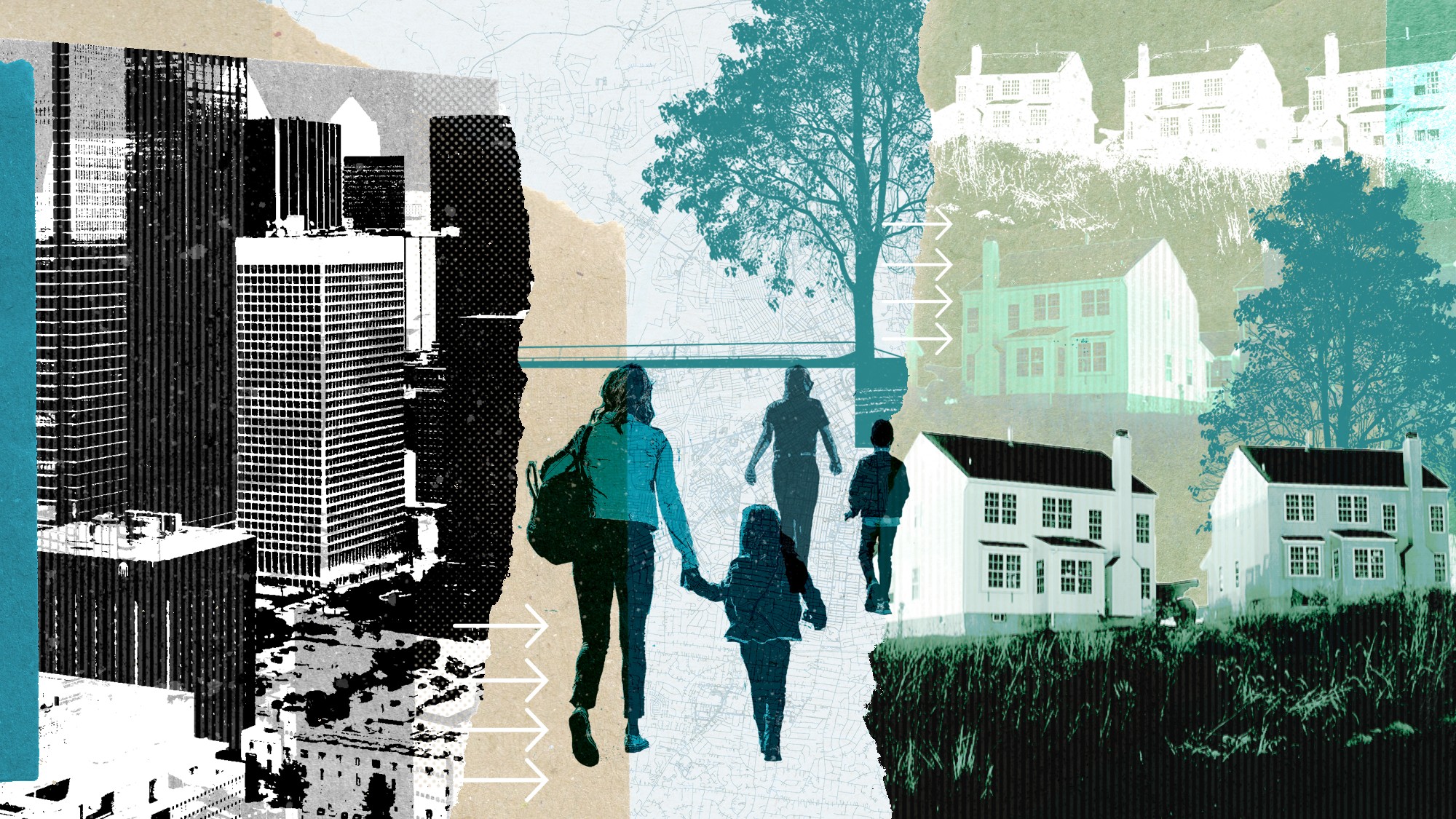 Illustration depicting a split between the city and the suburbs, with a mother and child holding hands walking in between them