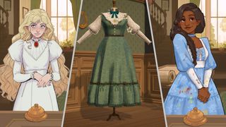 Dressmaker - Three screenshots spliced together. On the left and right, there are two women wearing period-style dresses. In the middle is a dress on a body form. 