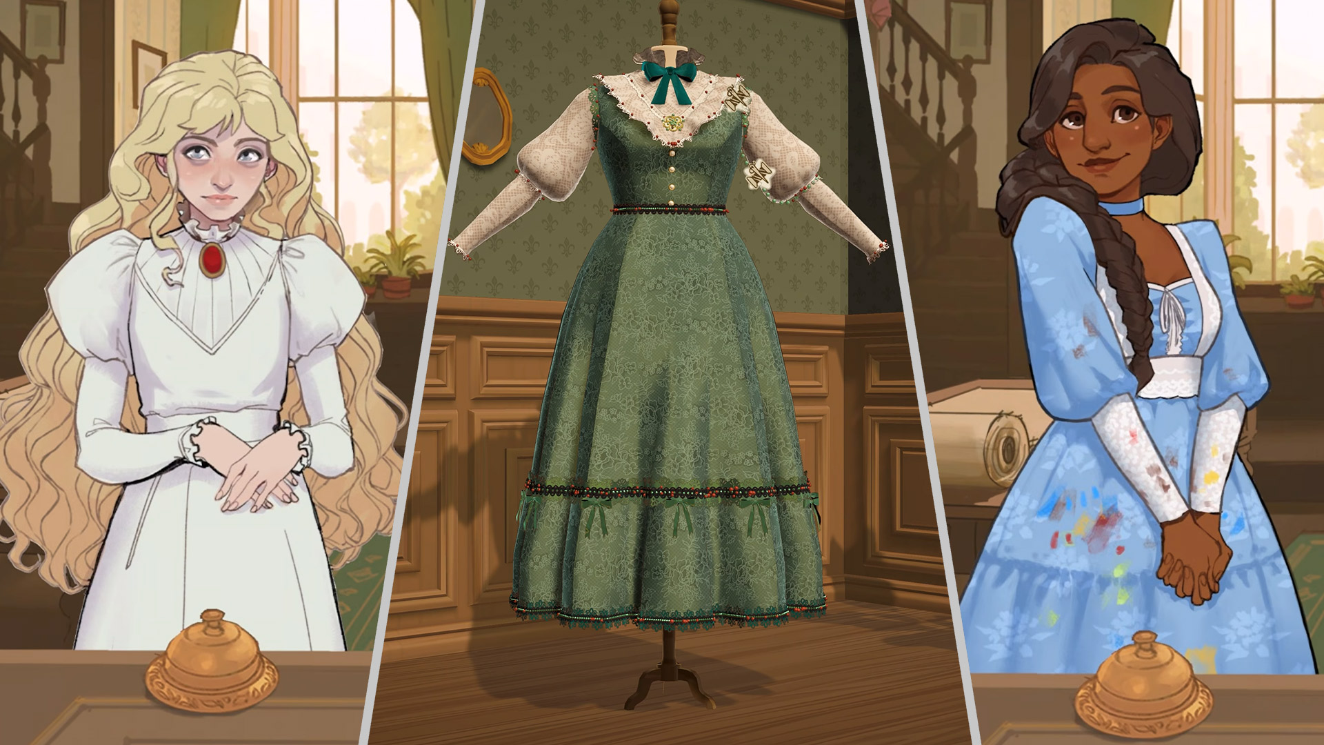 Dressmaker - Three screenshots spliced together. On the left and right, there are two women wearing period-style dresses. In the middle is a dress on a body form. 