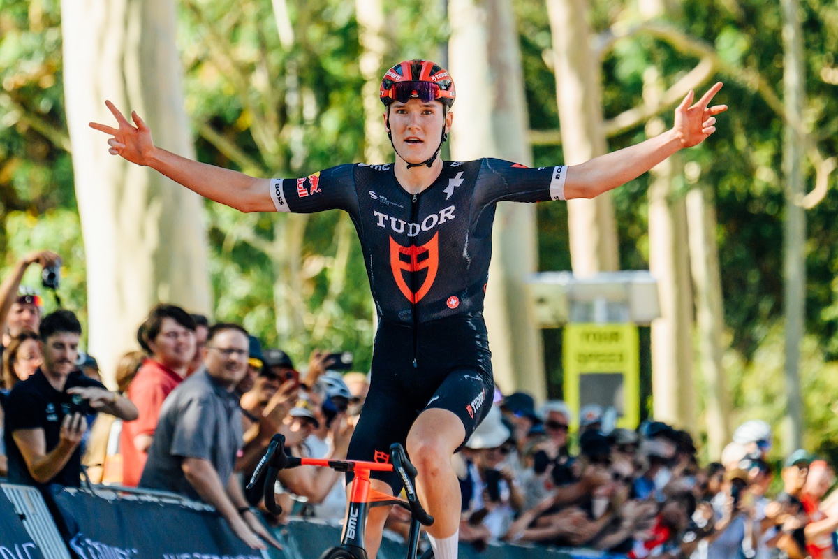 Jackson Medway (Tudor Pro Cycling) celebrates winning the U23 men's road race title at the 2026 Westbridge Funds Road National Championships
