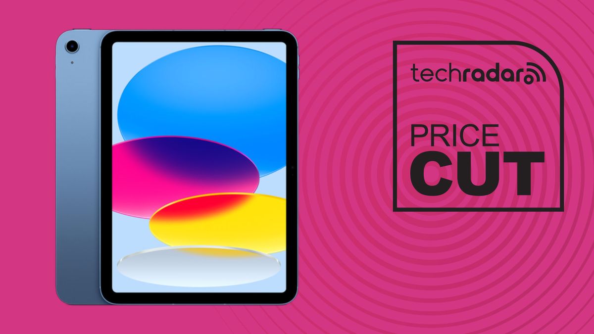 Apple iPad A16 In Blue對陣Magenta的A16和Techradar價格降低標誌