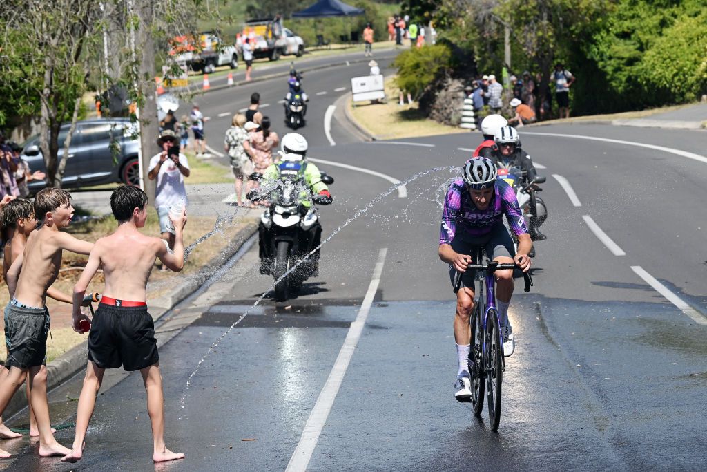 GEELONG AUSTRALIA FEBRUARY 02 Chris Harper of Australia and Team JaycoAlula competes in the breakaway during the 9th Cadel Evans Great Ocean Road Race 2025 Mens Elite a 1838km one day race from Geelong to Geelong UCIWT on February 02 2025 in Geelong Australia Photo by Dario BelingheriGetty Images