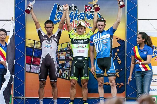 The stage eight podium (l-r): Harif Saleh (2nd,Terengganu Cycling), Andrea Guardini (1st,Farnese Vini) and Jacobe Keough (3rd,United Healthcare).