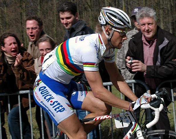 Boonen looks relaxed as he leads the main pack up the Koppenberg