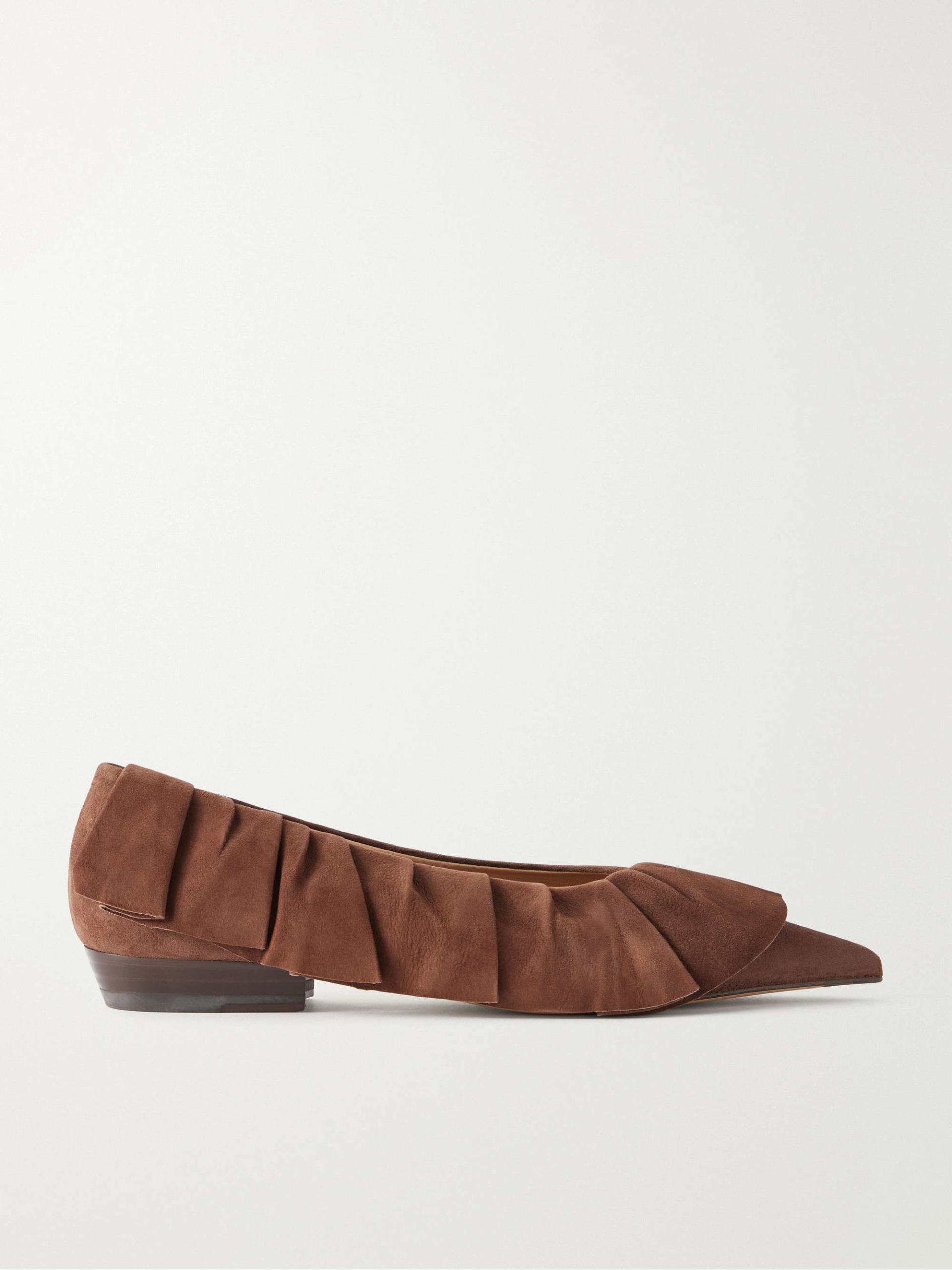 Ruffled Nubuck-Trimmed Suede Ballet Flats