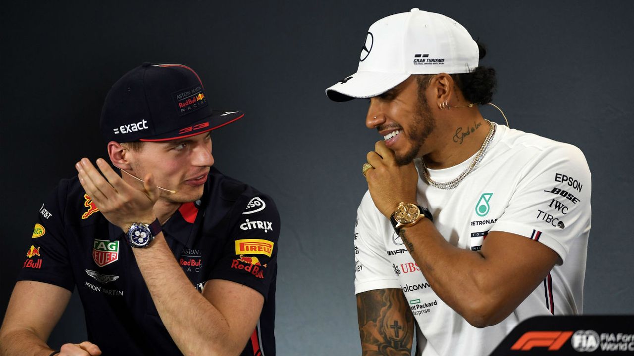 Red Bull Racing driver Max Verstappen and Lewis Hamilton of Mercedes 