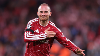 Mac Allister after scoring for Liverpool against Atletico Madrid 