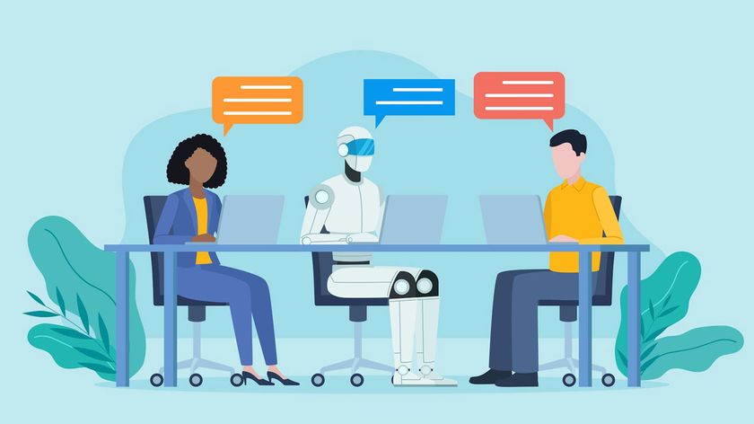 a cartoon illustration of a robot and two humans working on laptops together