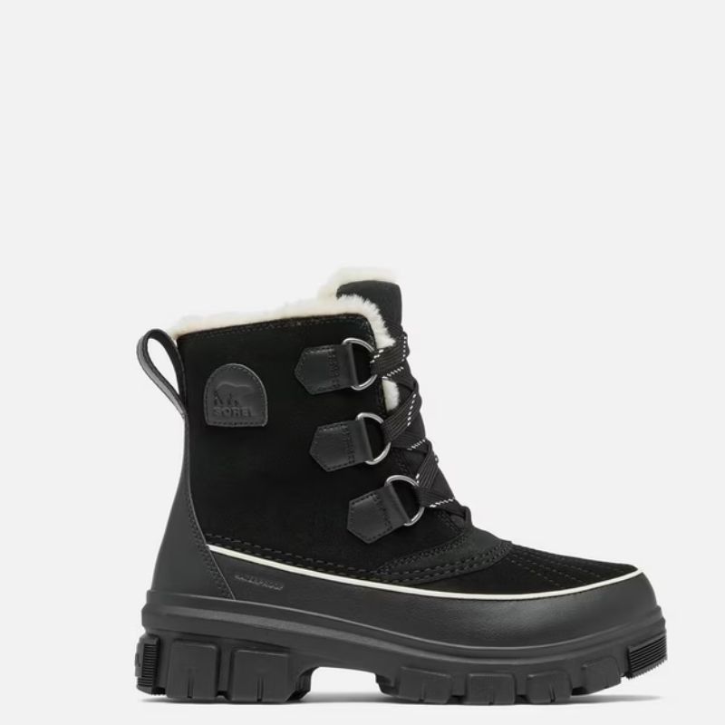 snow boots in black with white shearling style trim