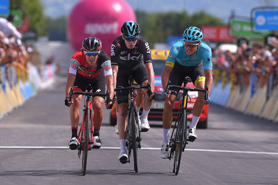 Richie Porte, Chris Froome and Jakob Fuglsang after a close finish on stage 6 of the Crit&eacute;rium du Dauphin&eacute;