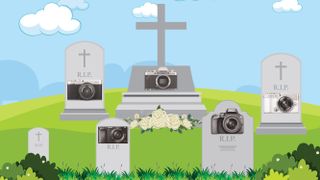 Vector graphic cartoon of old cameras in a graveyard