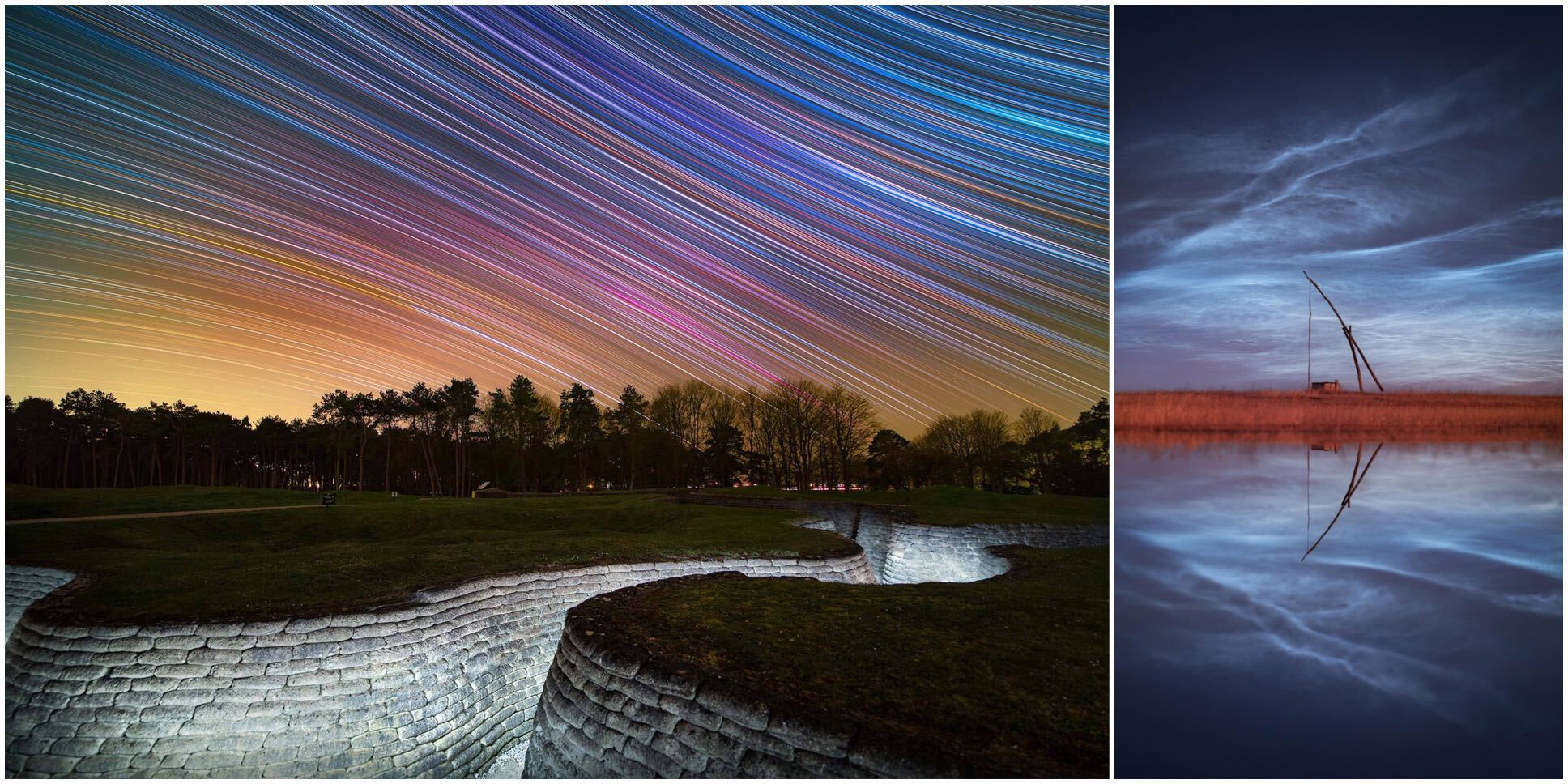 pictures of colorful startrails over a white-brick/sandbag-lined trench, and also a tall stickly structure in a gassy field by some water, which reflects wavy noctilucent clouds in the sky