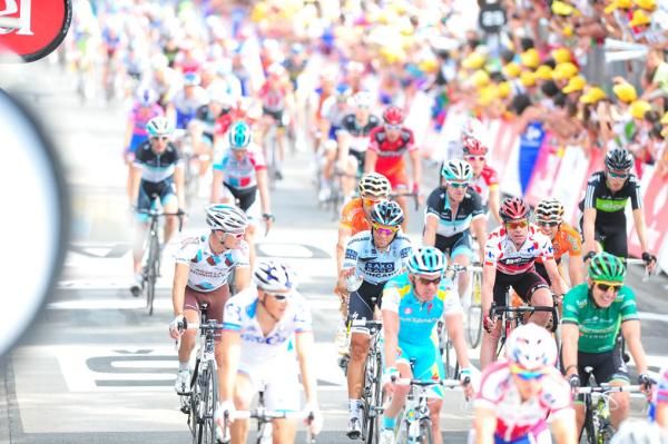 Nicolas Roche (Ag2r-La Mondiale) has a word with Alberto Contador (Saxo Bank-SunGard) at the stage finish.
